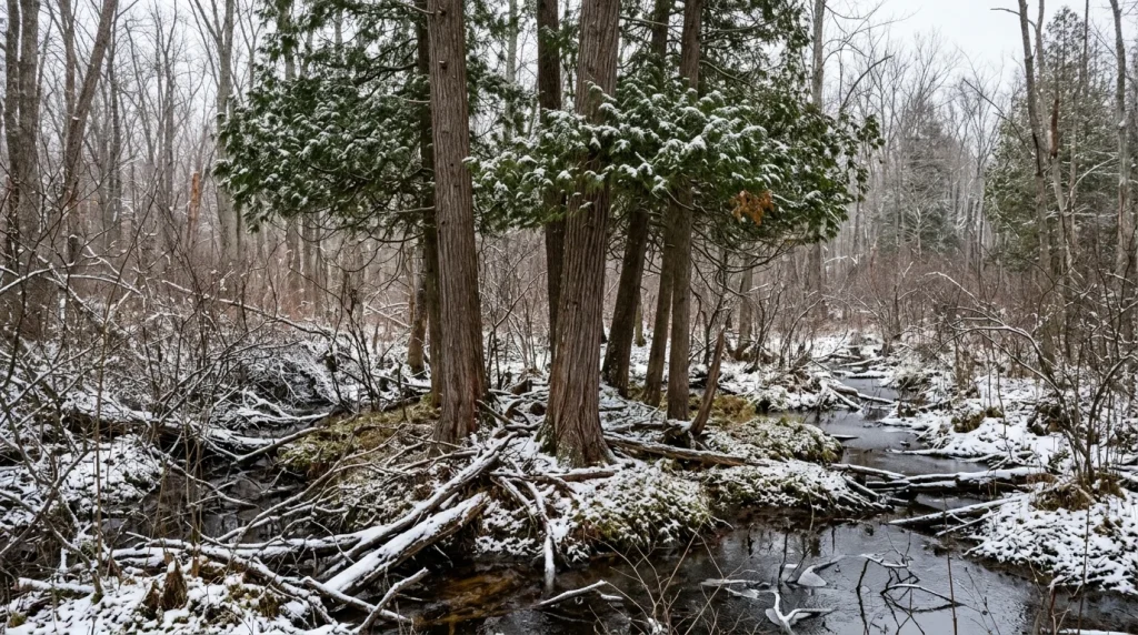 Atlantic white-cedars retain green crowns among leafless swamp hardwoods in winter.