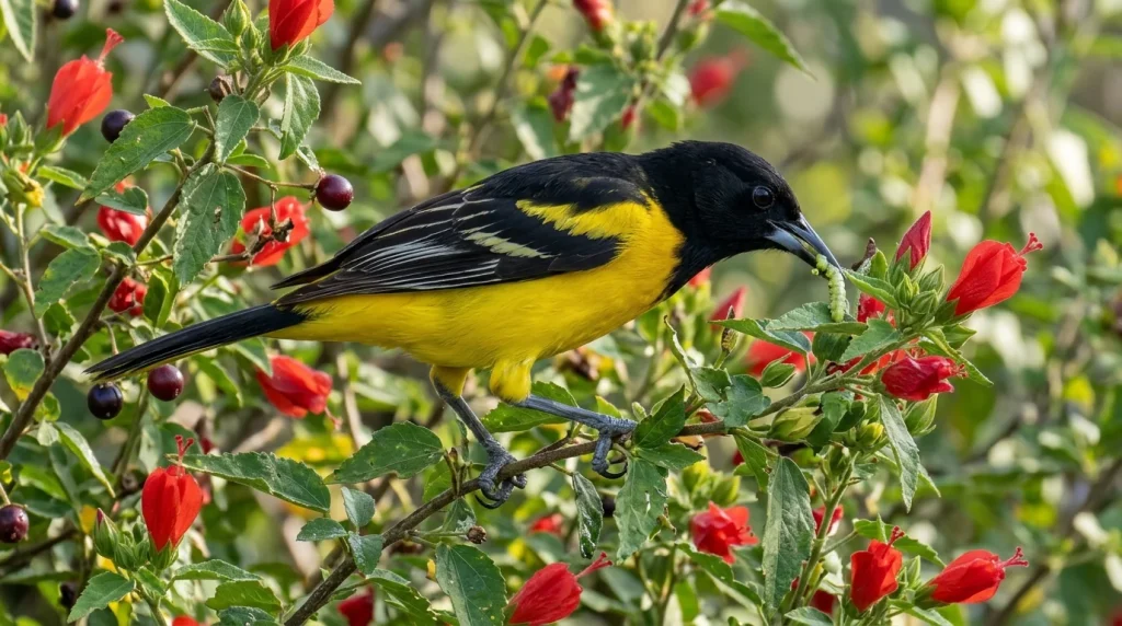 Audubon's Oriole taking a caterpillar near flowers and wild berries.