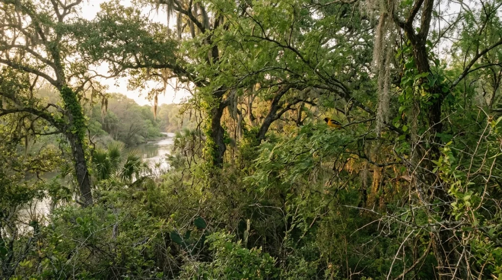Thorn scrub and riparian woodland habitat used by Audubon's Oriole.