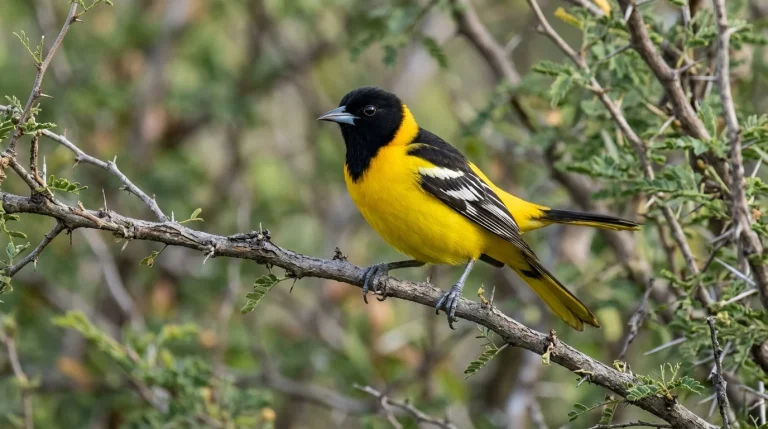 Adult male Audubon's Oriole perched on a mesquite branch in thorn forest.