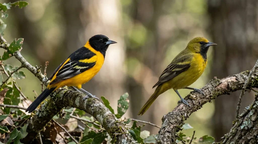 Male and female Audubon's Orioles showing their similar black-and-yellow plumage.