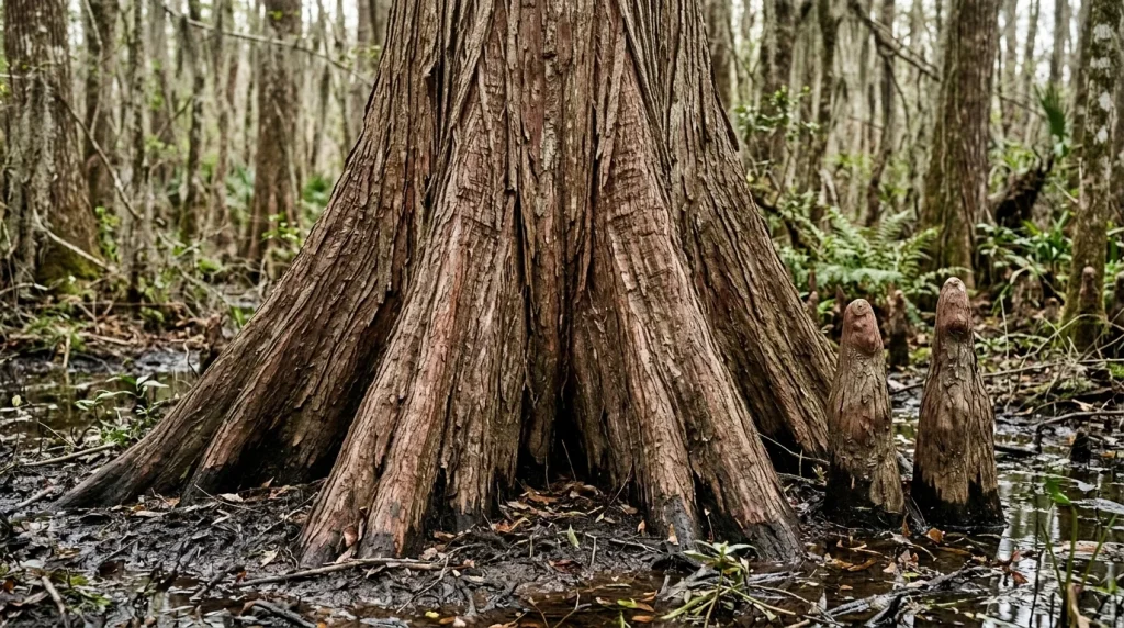 Fibrous baldcypress bark and flared trunk base with nearby woody root knees.