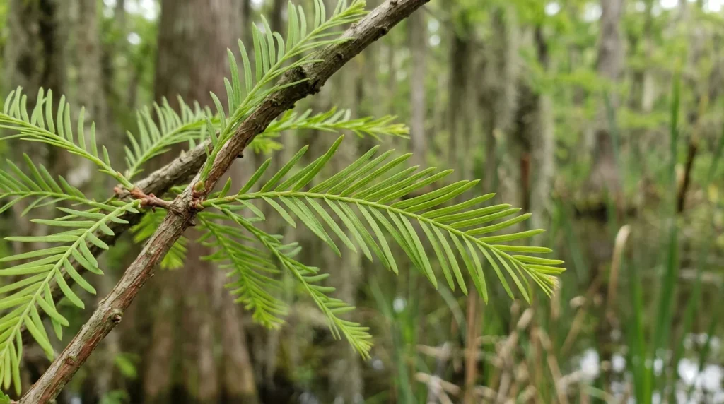 Flat baldcypress needles arranged alternately along featherlike green branchlets.