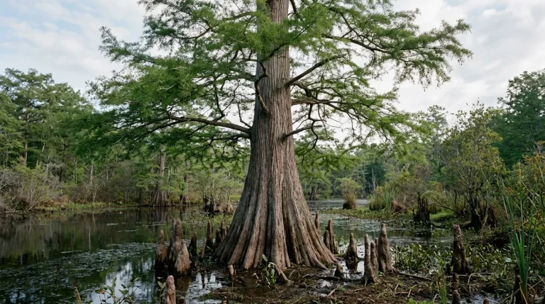 Mature baldcypress with a broad crown, buttressed trunk, and root knees beside a freshwater swamp.