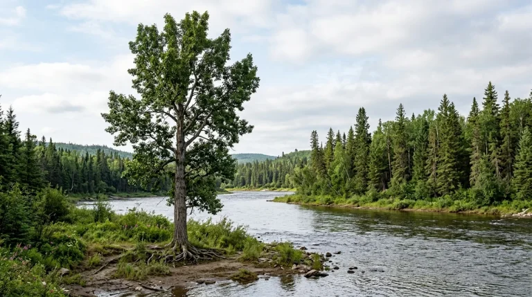 Mature balsam poplar with an upright crown beside a northern river.