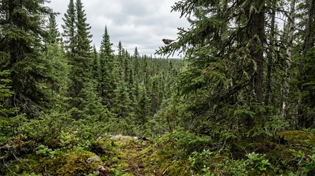 Mature boreal spruce-fir forest used by Bay-breasted Warblers.