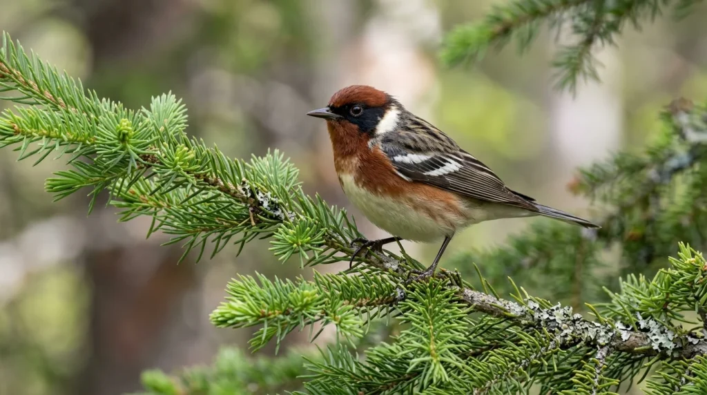 Breeding male Bay-breasted Warbler perched on a spruce branch.