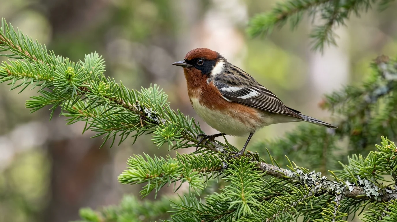 Breeding male Bay-breasted Warbler perched on a spruce branch.