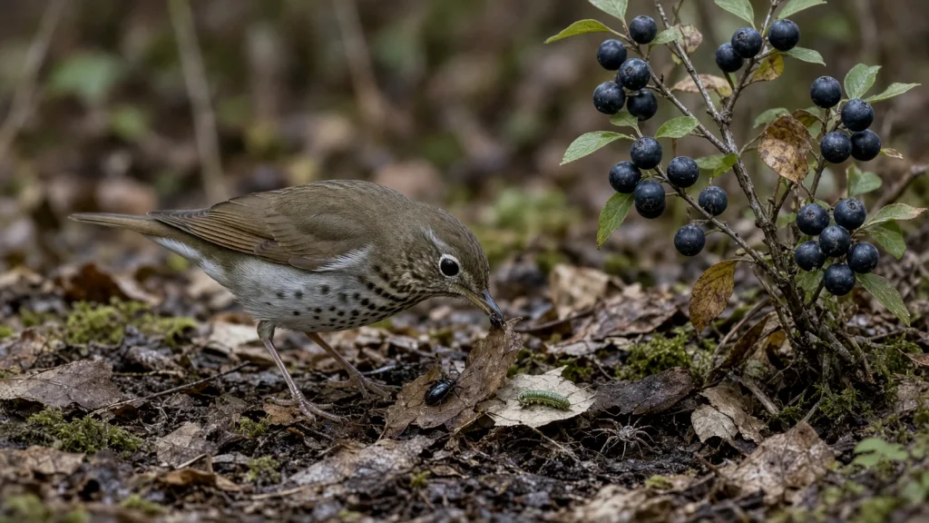 Bicknell’s Thrush foraging among insects and wild berries on the forest floor.
