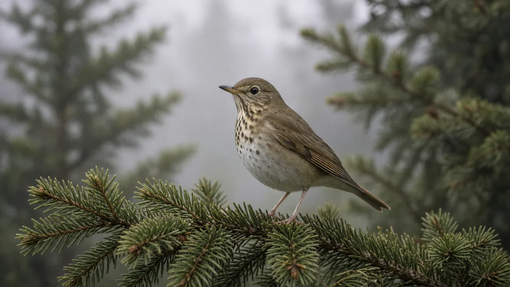 Bicknell’s Thrush perched on balsam fir in a misty mountain forest.