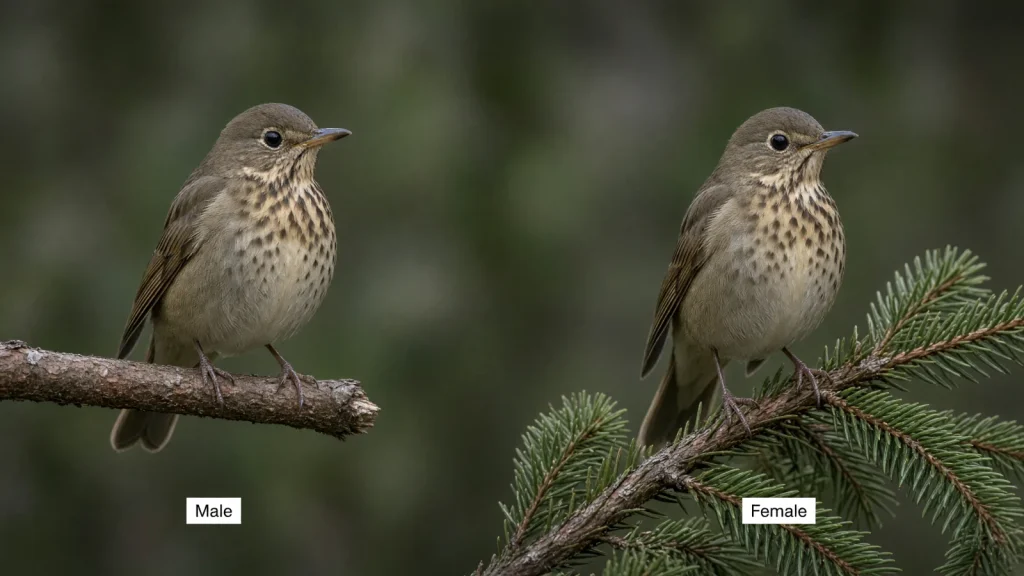 Male and female Bicknell’s Thrushes showing their similar plumage.