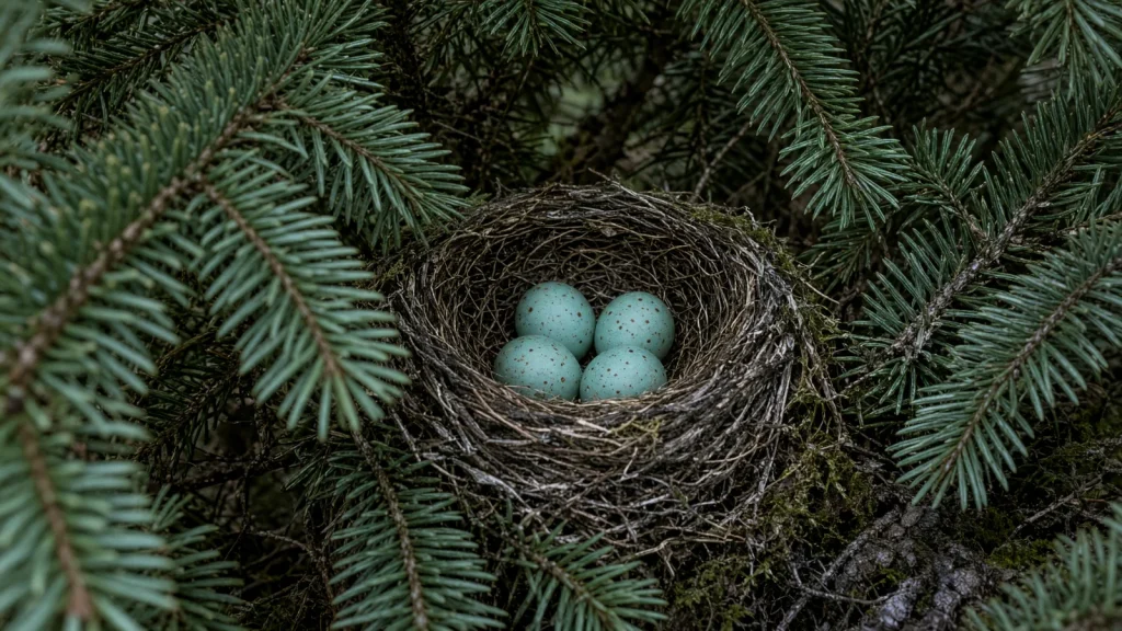 Bicknell’s Thrush nest with spotted blue-green eggs in dense balsam fir.