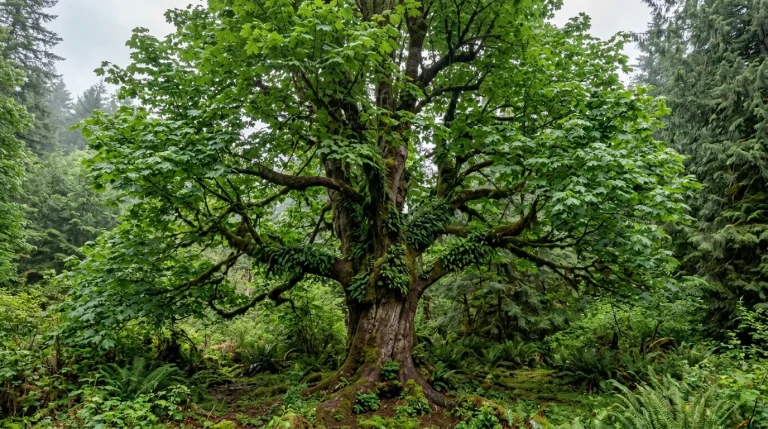 Mature bigleaf maple with a broad crown in a moist Pacific Northwest forest.