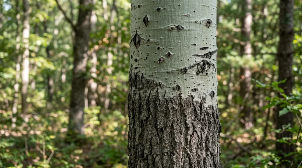 Bigtooth aspen bark changing from dark lower-trunk furrows to smooth pale gray-green bark.
