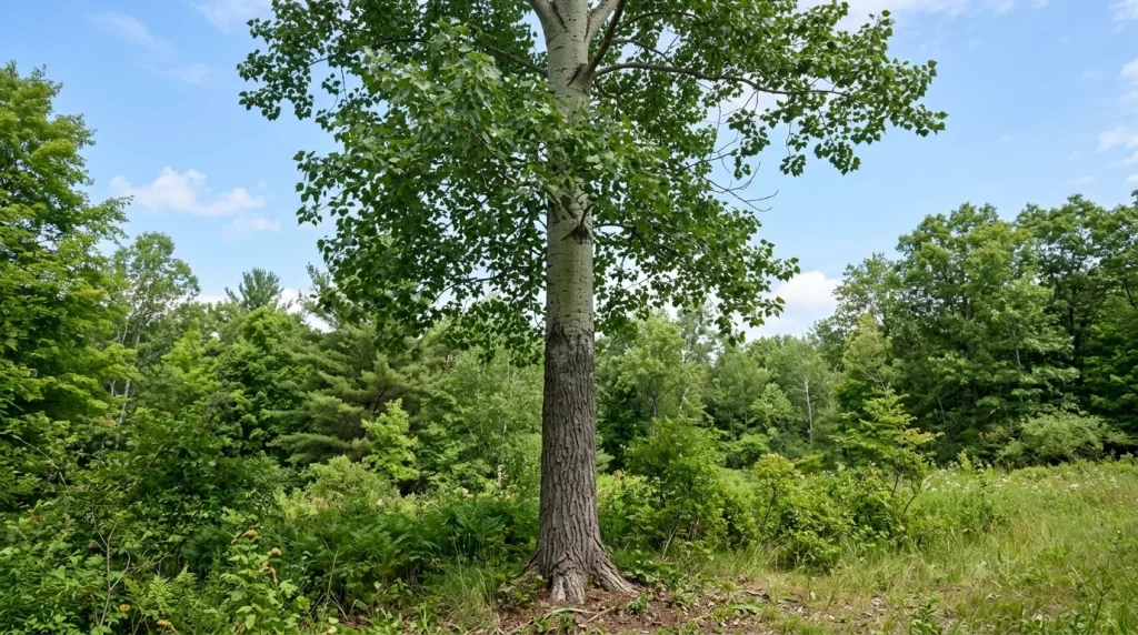 Mature bigtooth aspen with a pale upper trunk and green crown at a woodland edge.