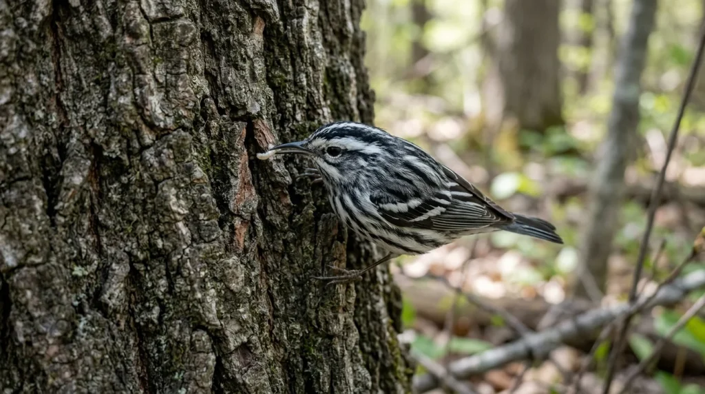 Black-and-white Warbler removing an insect larva from tree bark.
