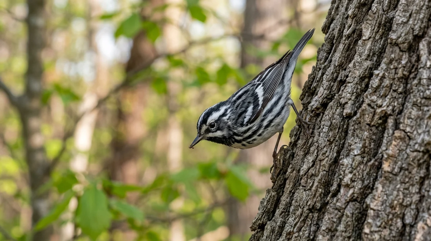 Male Black-and-white Warbler creeping along the bark of a woodland tree.