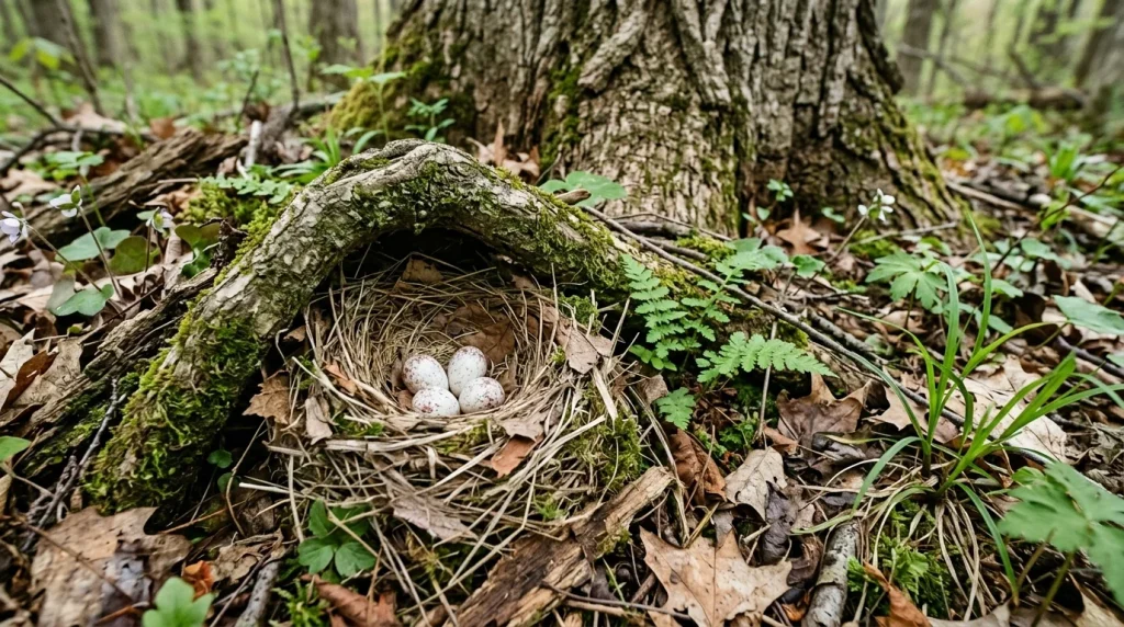 Concealed Black-and-white Warbler ground nest containing four marked eggs.