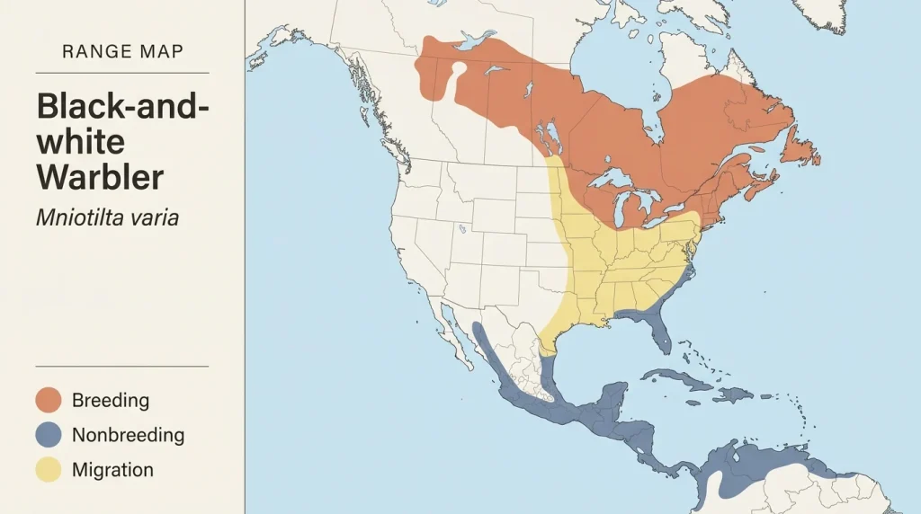 Map of the Black-and-white Warbler's breeding, migration, and winter ranges.