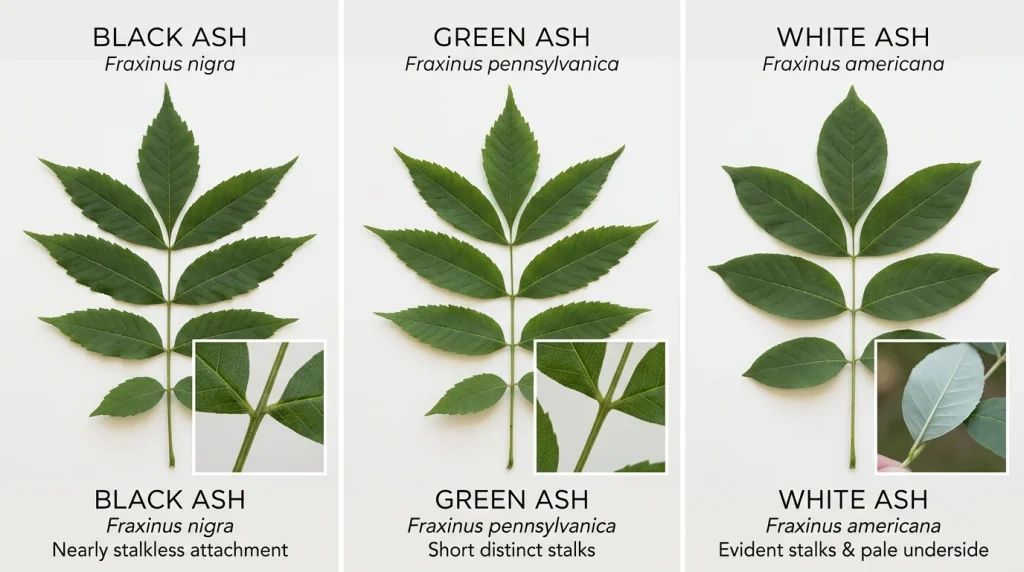 Black, green, and white ash leaves compared, highlighting differences in lateral leaflet stalks.