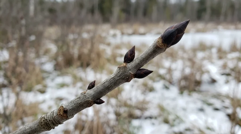 Winter black ash twig showing dark buds and the gap below the terminal bud.