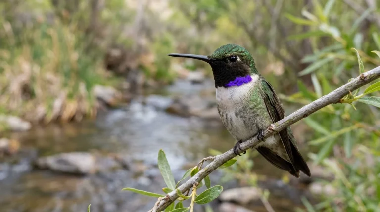 Adult male Black-chinned Hummingbird showing its black throat and narrow violet band.