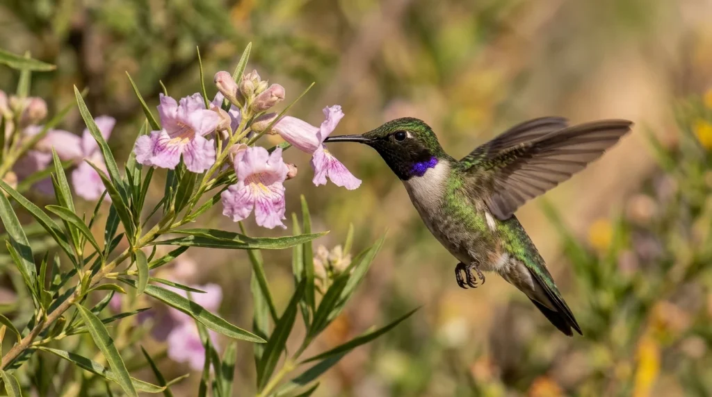 Male Black-chinned Hummingbird hovering to feed at a native desert willow blossom.