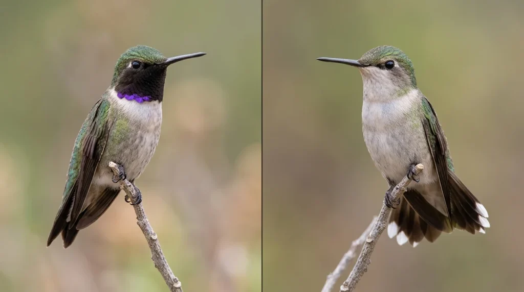 Labeled male and female Black-chinned Hummingbirds comparing throat color and tail markings.