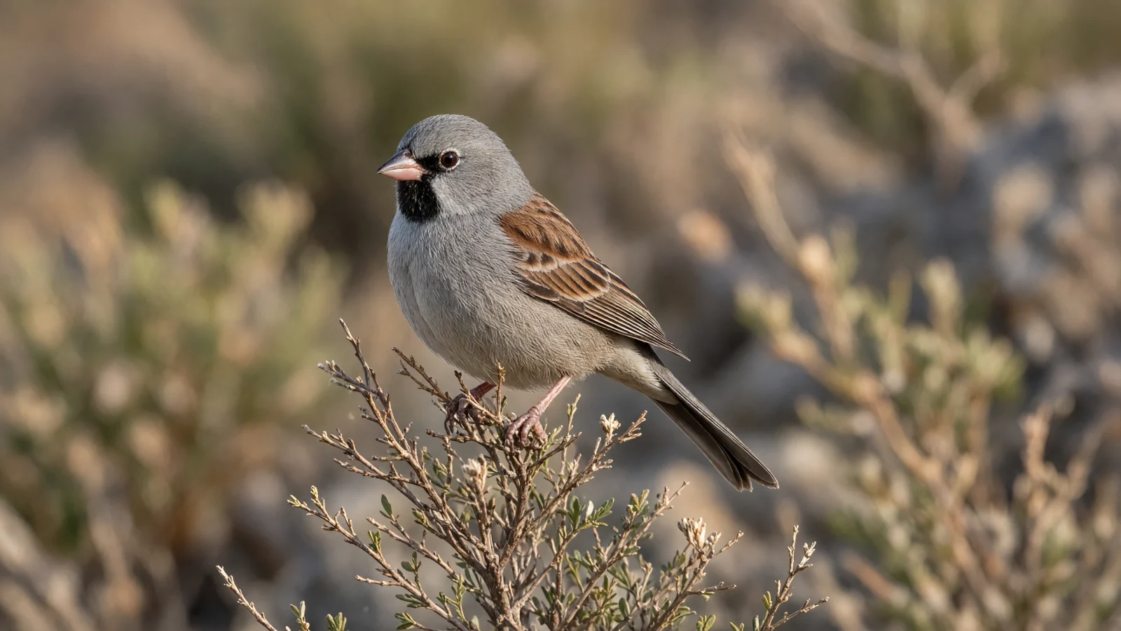 Male Black-chinned Sparrow perched on a chaparral shrub in morning light.