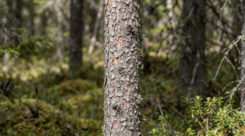 Thin black spruce bark with small gray-brown scales and reddish-brown patches.