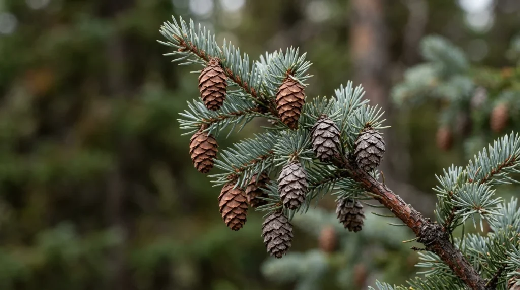 Small brown black spruce cones retained among short gray-green needles.