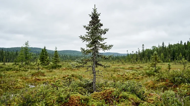 Complete black spruce with a narrow crown and drooping branches in a boreal peatland.