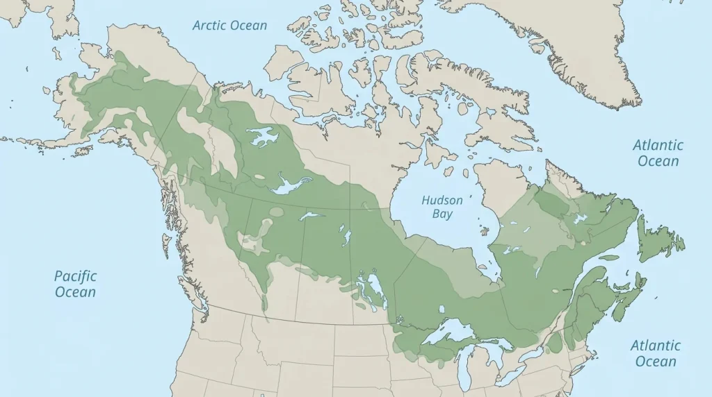 Map of black spruce's native range across Alaska, Canada, and parts of the northern United States.