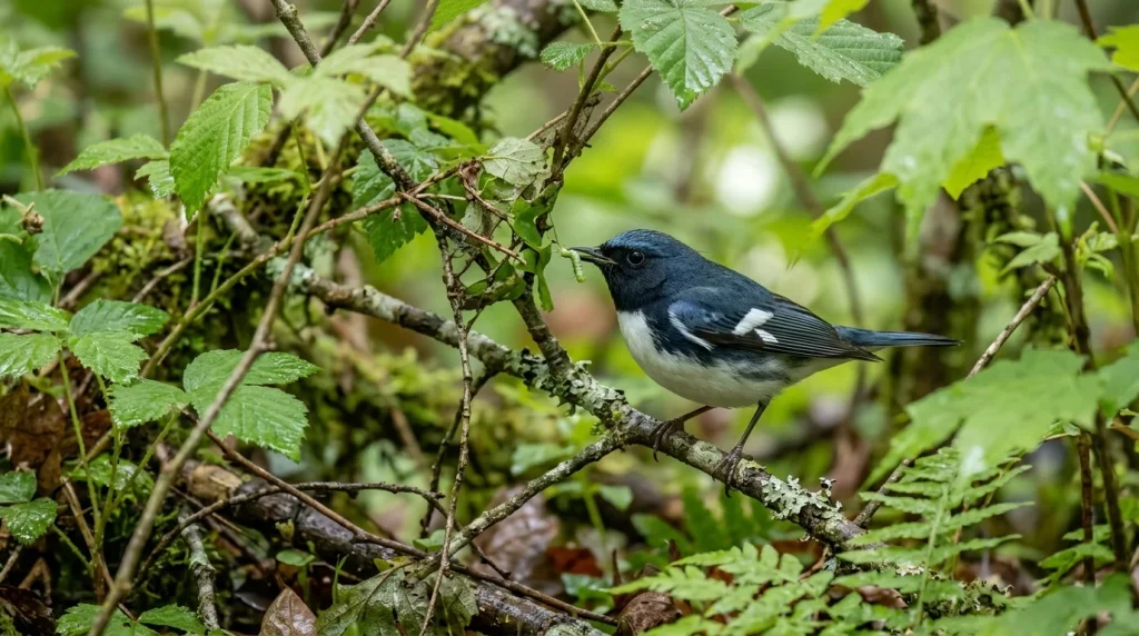 Black-throated Blue Warbler taking a caterpillar from the underside of a leaf.