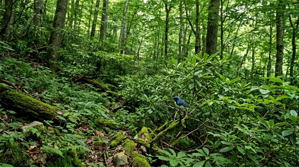 Dense Appalachian forest understory used by breeding Black-throated Blue Warblers.