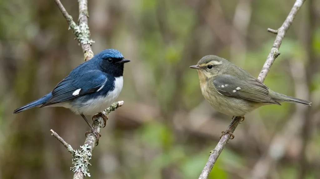 Labeled male and female Black-throated Blue Warblers showing their different plumages.