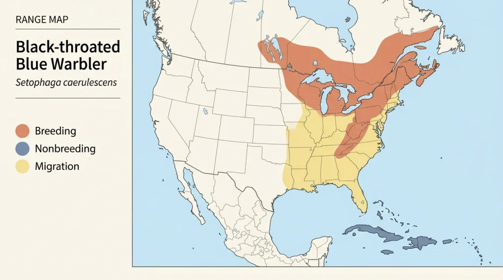 Map showing the Black-throated Blue Warbler’s breeding, migration, and winter ranges.