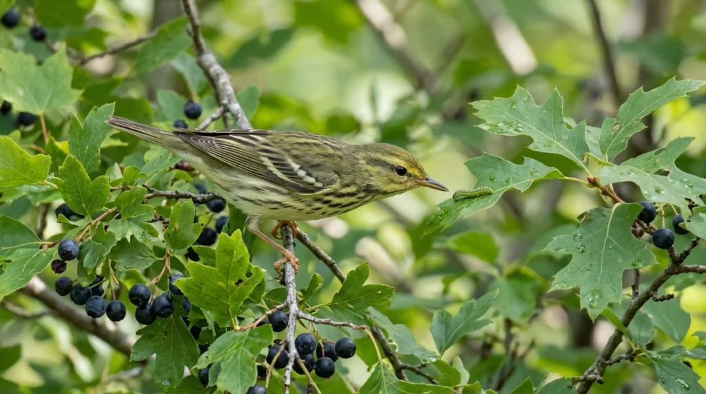 Blackpoll Warbler foraging near a caterpillar and small berries.