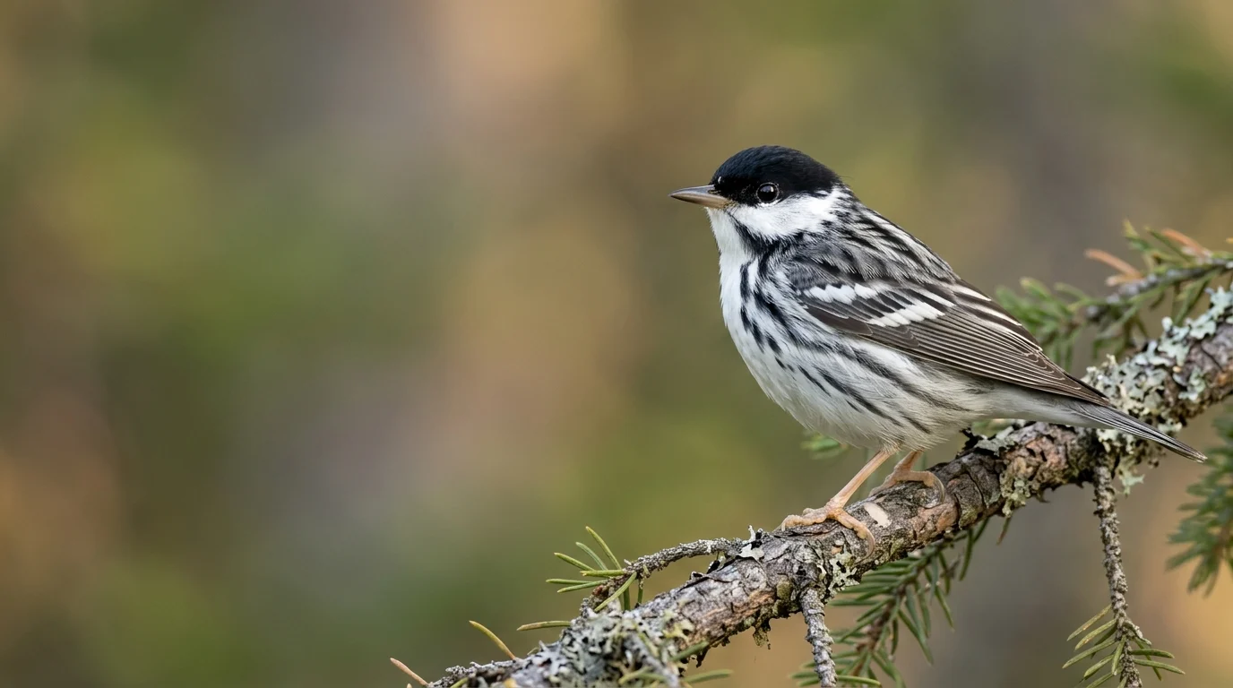 Breeding male Blackpoll Warbler perched on a spruce branch.