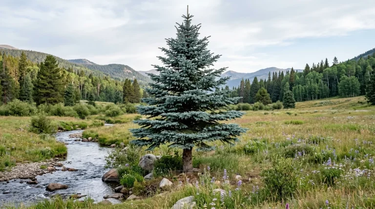Mature blue spruce with a silvery pyramidal crown beside a Rocky Mountain stream.