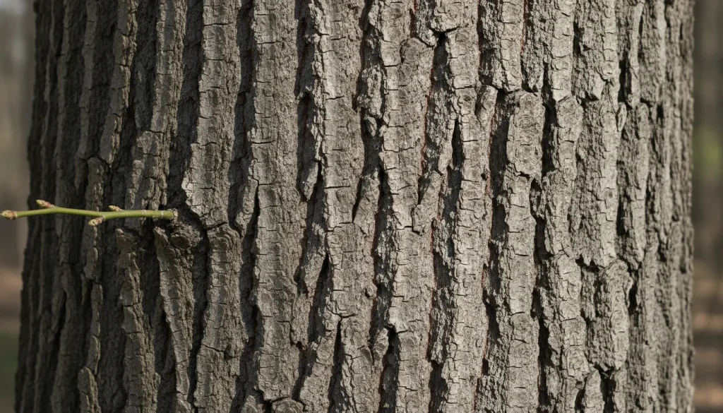 Gray-brown ridged bark on a mature boxelder trunk.