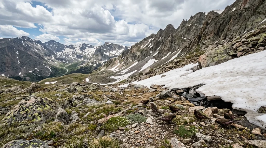 Alpine tundra, talus, cliffs, and lingering snowfields used by Brown-capped Rosy-Finches.