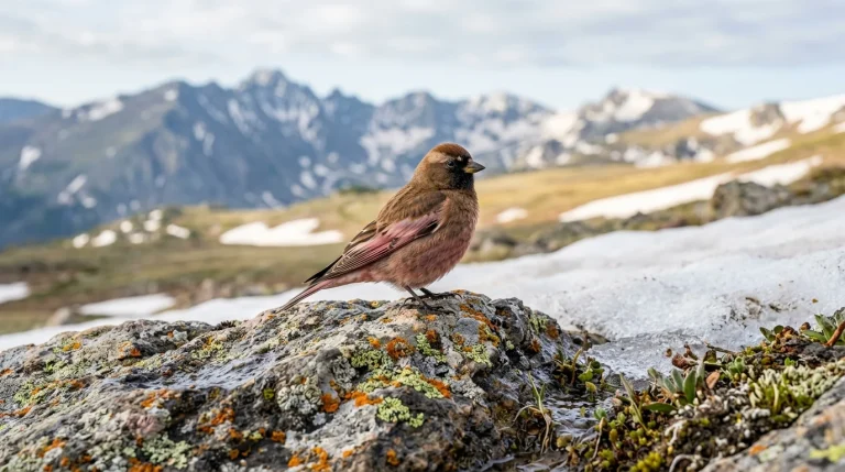 Male Brown-capped Rosy-Finch perched beside an alpine snowfield in the Rocky Mountains.