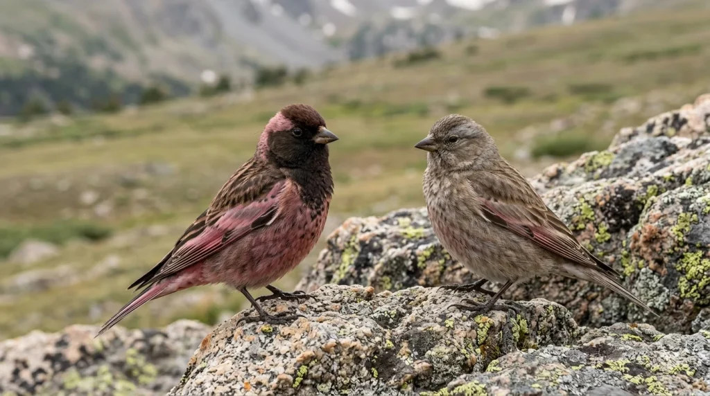Male and female Brown-capped Rosy-Finches showing differences in facial pattern and pink plumage.