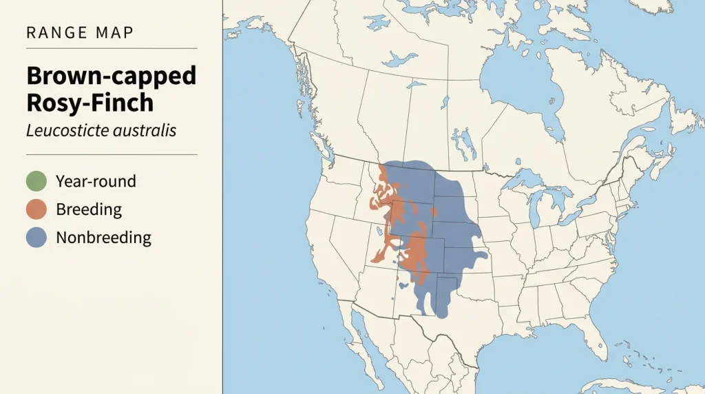 Range map of the Brown-capped Rosy-Finch in the central and southern Rocky Mountains.