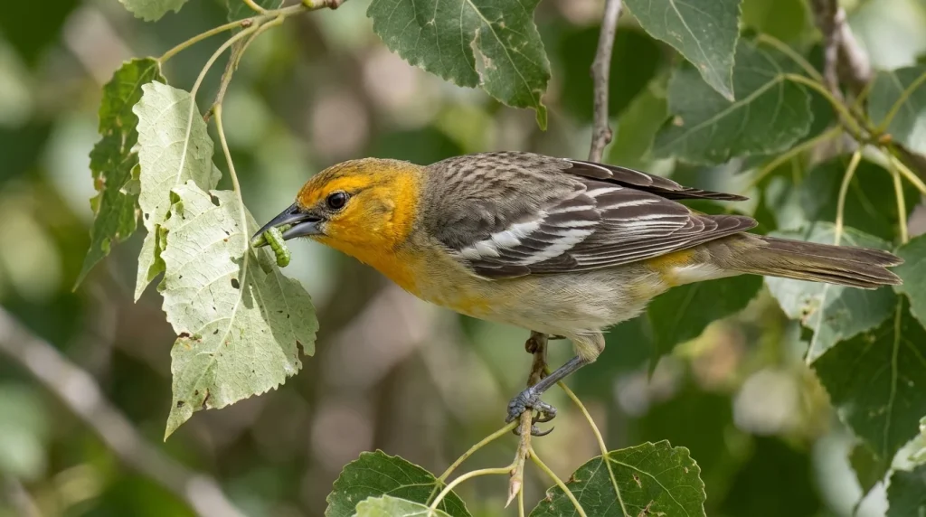 Female Bullock’s Oriole taking a caterpillar from a leaf.
