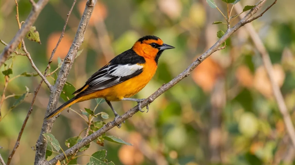 Adult male Bullock’s Oriole perched on a cottonwood branch.