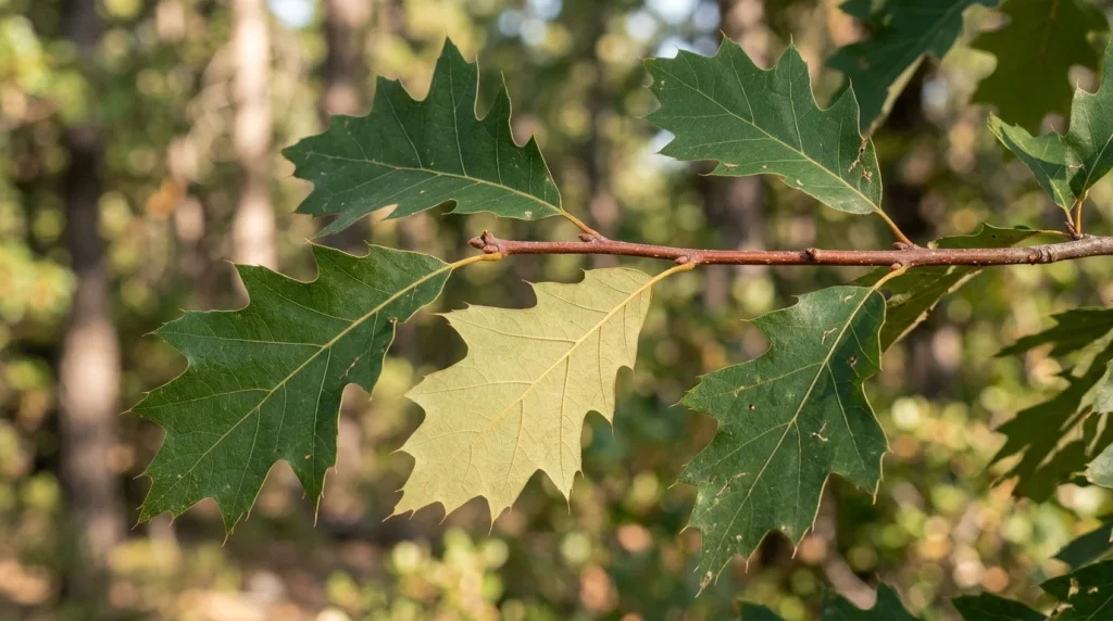 Deeply lobed, bristle-tipped leaves of California black oak on a twig.