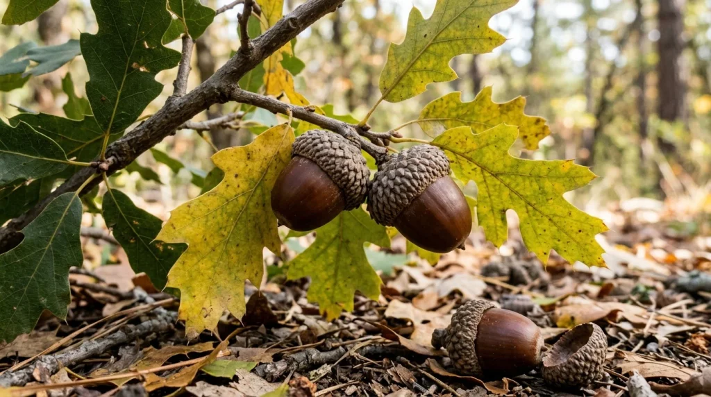 Ripe California black oak acorns in deep, thick-scaled cups.