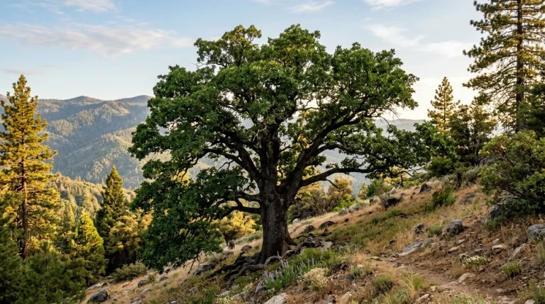 Mature California black oak with a broad crown on a dry California mountain slope.